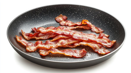 A close-up view of crispy bacon strips sizzling in a frying pan, showcasing their golden-brown texture and delicious appearance, perfect for breakfast or brunch.の素材
