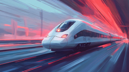 A sleek high-speed train is depicted in striking motion, showcasing modern design and technology. The vibrant colors create a dynamic travel scene.の素材
