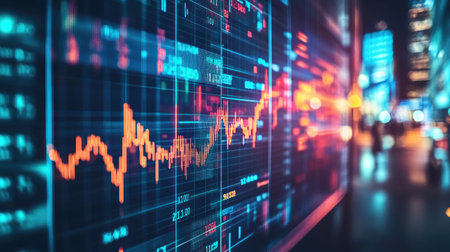 A close-up view of a digital financial data visualization featuring vibrant graphs and trends, perfect for illustrating market analysis and investment growth.の素材