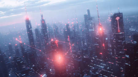 A stunning futuristic cityscape illuminated by vibrant neon lights, showcasing advanced technology and digital communication, perfect for sci-fi themes.の素材