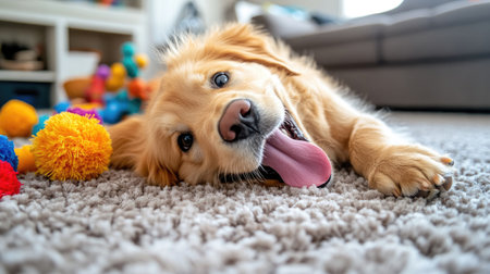 A cheerful golden puppy lies on a soft carpet, surrounded by colorful toys. The playful dog is feeling relaxed and joyful, perfect for pet lovers.の素材