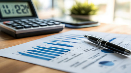 A workspace featuring financial charts and tools, including a calculator, pen, and smartphone. Ideal for showcasing data analysis and business strategies.の素材