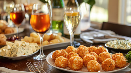 A beautifully arranged table featuring delicious appetizers, elegant drinks, and a variety of dishes, creating an inviting atmosphere for gatherings and celebrations.の素材