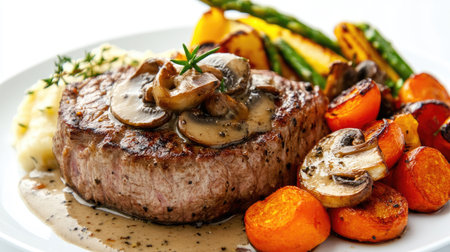 A beautifully plated juicy steak topped with mushroom sauce, served alongside colorful roasted vegetables and creamy mashed potatoes for a gourmet meal.の素材