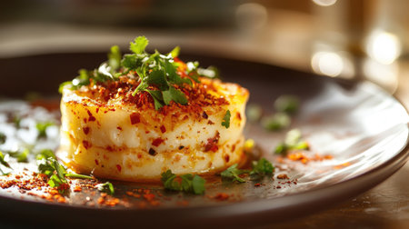 A beautifully presented culinary dish featuring spices and fresh herbs, showcasing vibrant colors and textures, perfect for food photography and gourmet cooking.の素材