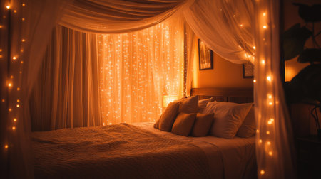 A serene bedroom featuring warm fairy lights, soft textiles, and an inviting atmosphere perfect for relaxation and comfort. Ideal for home decor inspiration.の素材