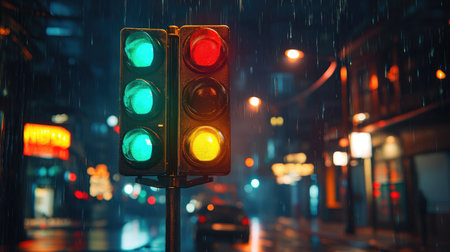 A vibrant traffic light glows during a rainy night in an urban environment, showcasing dynamic colors and reflections on wet streets, creating a moody atmosphere.の素材