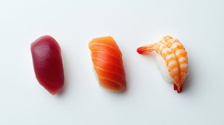 A beautiful arrangement of fresh sushi featuring tuna, salmon, and shrimp. Perfect for culinary enthusiasts or food presentation ideas.の素材