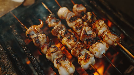 Juicy grilled skewers sizzling over open flames, showcasing a vibrant display of flavors and textures in a captivating kitchen environment. Perfect for food lovers.の素材