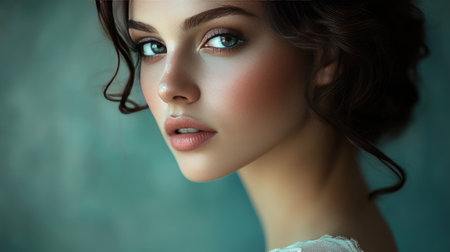 This stunning portrait captures the elegance and beauty of a woman with expressive eyes and flawless skin, embodying grace and sophistication.の素材