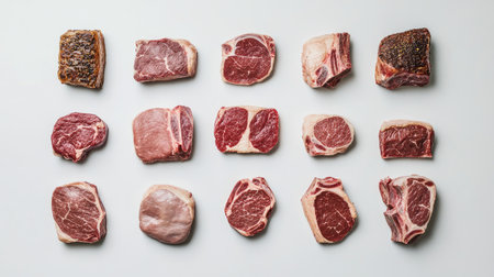 A flat lay image showcasing a variety of raw meat cuts including beef and pork, perfect for culinary presentations, recipes, and cooking inspiration.の素材