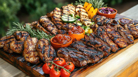 A vibrant platter featuring an assortment of grilled meats and vegetables, perfect for summer gatherings and barbecues, showcasing delicious flavors and appealing presentation.の素材