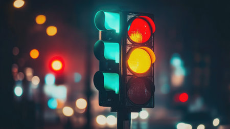 A close-up view of a traffic light displaying green, yellow, and red signals in an urban setting at night, creating an atmosphere of movement and safety.の素材