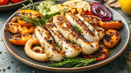 A vibrant grilled seafood platter featuring fresh squid and colorful vegetables, showcasing exquisite flavors and an appealing presentation ideal for gourmet cuisine lovers.の素材