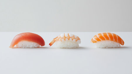 A visually appealing selection of fresh sushi, featuring vibrant pieces of fish on minimalist white background, perfect for food lovers and culinary enthusiasts.の素材