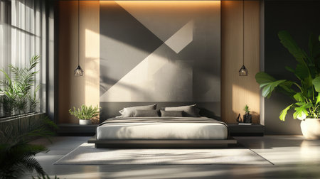 A stylish minimalist bedroom featuring natural light, elegant design, and lush greenery, creating a serene atmosphere perfect for relaxation and comfort.の素材