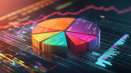 A vibrant pie chart sits on a digital data background, emphasizing financial analysis and modern business strategies. Ideal for tech and finance projects.の素材