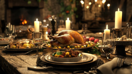 A beautifully arranged festive dinner table featuring a roasted turkey surrounded by seasonal produce and glowing candles, inviting warmth and celebration.の素材