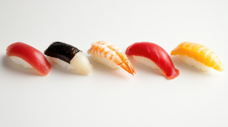 A vibrant selection of sushi pieces showcasing various fish types on a clean white background. Perfect for food styling or culinary themes.の素材