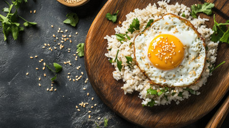 A vibrant dish featuring a fried egg atop fluffy rice, garnished with fresh herbs and sesame seeds. Perfect for a nutritious meal at any time.の素材
