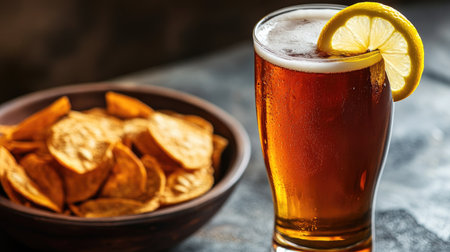 A refreshing glass of amber beer garnished with a lemon slice, accompanied by a bowl of crunchy snacks, perfect for social gatherings or casual dining.の素材