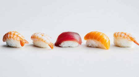 A vibrant assortment of sushi showcasing fresh seafood varieties. Ideal for culinary themes or dining experiences, perfect for food enthusiasts.の素材