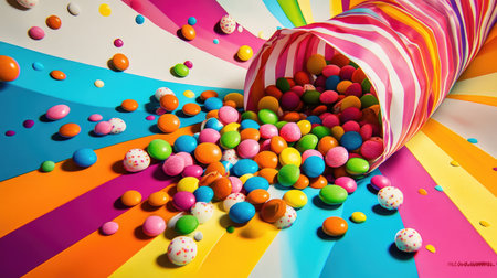A vibrant image of colorful sweets spilling from a striped bag, showcasing an array of fun candies against a playful background. Perfect for celebrations and festive themes.の素材