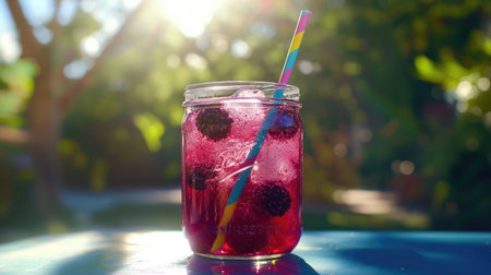 A vibrant berry drink served in a mason jar, complete with ice and a colorful straw. Perfect for summer gatherings, picnics, or refreshing hydration.の素材