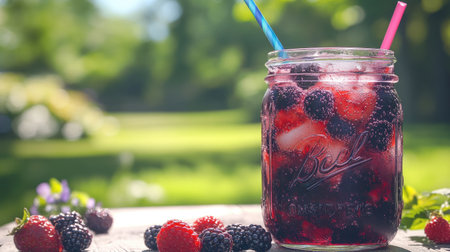 A vibrant glass jar filled with a refreshing berry drink, featuring ice and colorful straws, set against a sunny garden backdrop. Ideal for summer.の素材