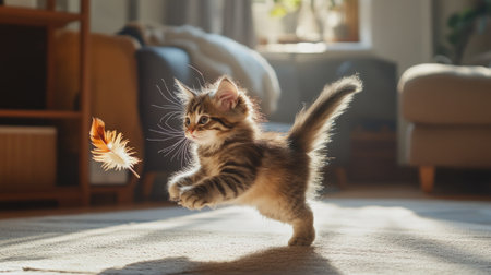 A lively kitten energetically chases a feather toy in a sunlit room, capturing the essence of playfulness and curiosity in a cozy home setting.の素材