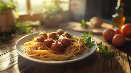 A mouth-watering plate of spaghetti topped with savory meatballs and a sprinkle of cheese, beautifully displayed in a sunlit kitchen setting.の素材
