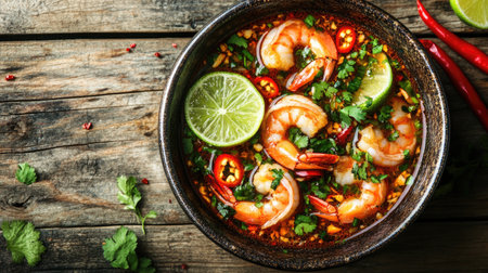 A vibrant bowl of spicy shrimp dish, garnished with lime, red chili, and fresh cilantro. Perfect for a flavorful meal highlighting seafood.の素材