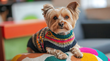 A charming Yorkshire Terrier dressed in a cozy, colorful sweater enjoys a relaxed moment indoors, radiating warmth and playfulness in its surroundings.の素材