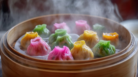 A vibrant array of colorful dumplings steaming in a bamboo steamer, showcasing a delightful assortment of Asian cuisine perfect for any dining experience.の素材