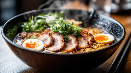 A beautifully arranged bowl of ramen featuring tender pork slices, soft-boiled eggs, and fresh scallions. Perfect for food lovers and culinary enthusiasts.の素材