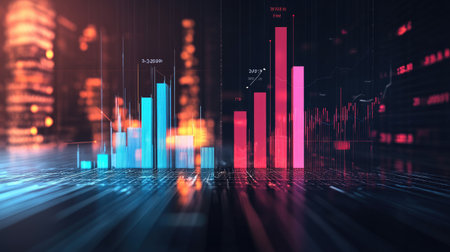 A vibrant and dynamic visualization of financial data featuring colorful bars and digital elements representing market trends and analytics.の素材