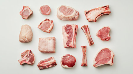 A variety of raw meat cuts displayed on a clean white background, showcasing different textures and types for culinary inspiration and meal preparation.の素材
