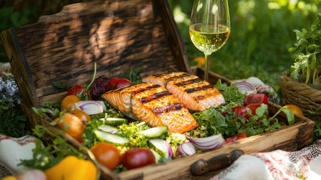 A beautifully arranged picnic featuring grilled salmon, fresh vegetables, and a glass of white wine, perfect for outdoor dining and summer gatherings.の素材