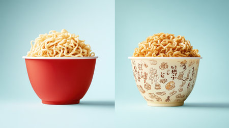 Vibrant image of uncooked noodles displayed in colorful bowls. The contrasting colors and simple background create an engaging visual perfect for food-related themes.の素材