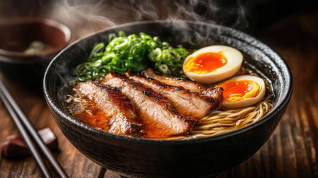 A steaming bowl of ramen featuring tender slices of pork, fresh green onions, and perfectly cooked soft boiled eggs. A captivating culinary delight.の素材