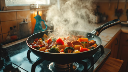 A vibrant scene of fresh vegetables sizzling in a frying pan, releasing steam in a cozy kitchen. Perfect for culinary and food-related projects.の素材