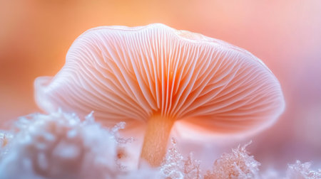 A soft pastel-colored mushroom cap stands delicately against a blurred background, showcasing intricate textures and natural beauty in a serene environment.の素材