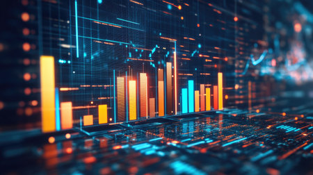 Colorful digital data visualization featuring vibrant bar graphs and line trends, representing statistics and analytics in a futuristic setting.の素材