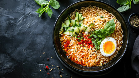 A vibrant bowl of ramen noodles featuring a soft-boiled egg, fresh cucumber, and aromatic herbs, perfect for a comforting and delicious meal.の素材