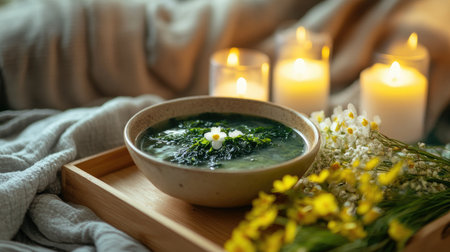 Experience serenity with this tranquil soup image featuring a cozy atmosphere, soft candlelight, and fresh flowers, perfect for wellness and relaxation.の素材