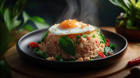 A mouthwatering plate of fried rice topped with a perfectly cooked egg, surrounded by fresh herbs and spices, perfect for any meal occasion.の素材