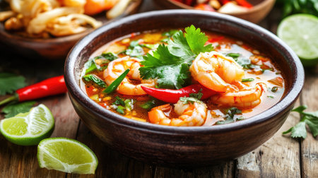 A vibrant bowl of spicy shrimp soup garnished with fresh cilantro and lime. Perfect for a warm meal, this dish showcases rich flavors with a touch of freshness.の素材