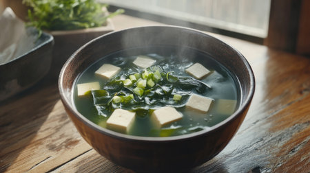 A soothing bowl of fresh green soup featuring tofu and seaweed, garnished with chopped herbs. Perfect for a warm, healthy meal at home.の素材
