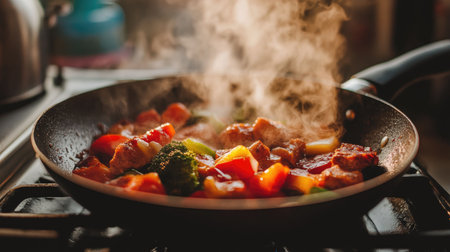 A vibrant scene of sizzling vegetables and meat in a hot skillet, showcasing steam and rich colors. Perfect for food preparation and cooking visuals.の素材