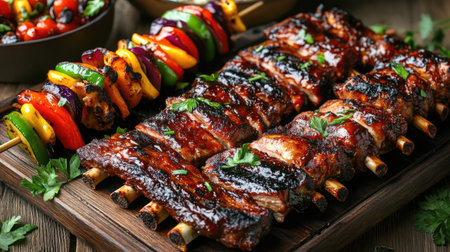 A mouthwatering assortment of grilled ribs and vegetable skewers, perfect for summer gatherings. This vibrant platter showcases delicious barbecue flavors.の素材